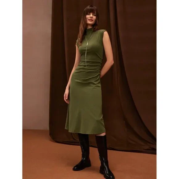 OGL Move Mockneck Tucks Slim Fit Midi Length Dress Ruched Olive Green Size M NEW - Picture 2 of 16